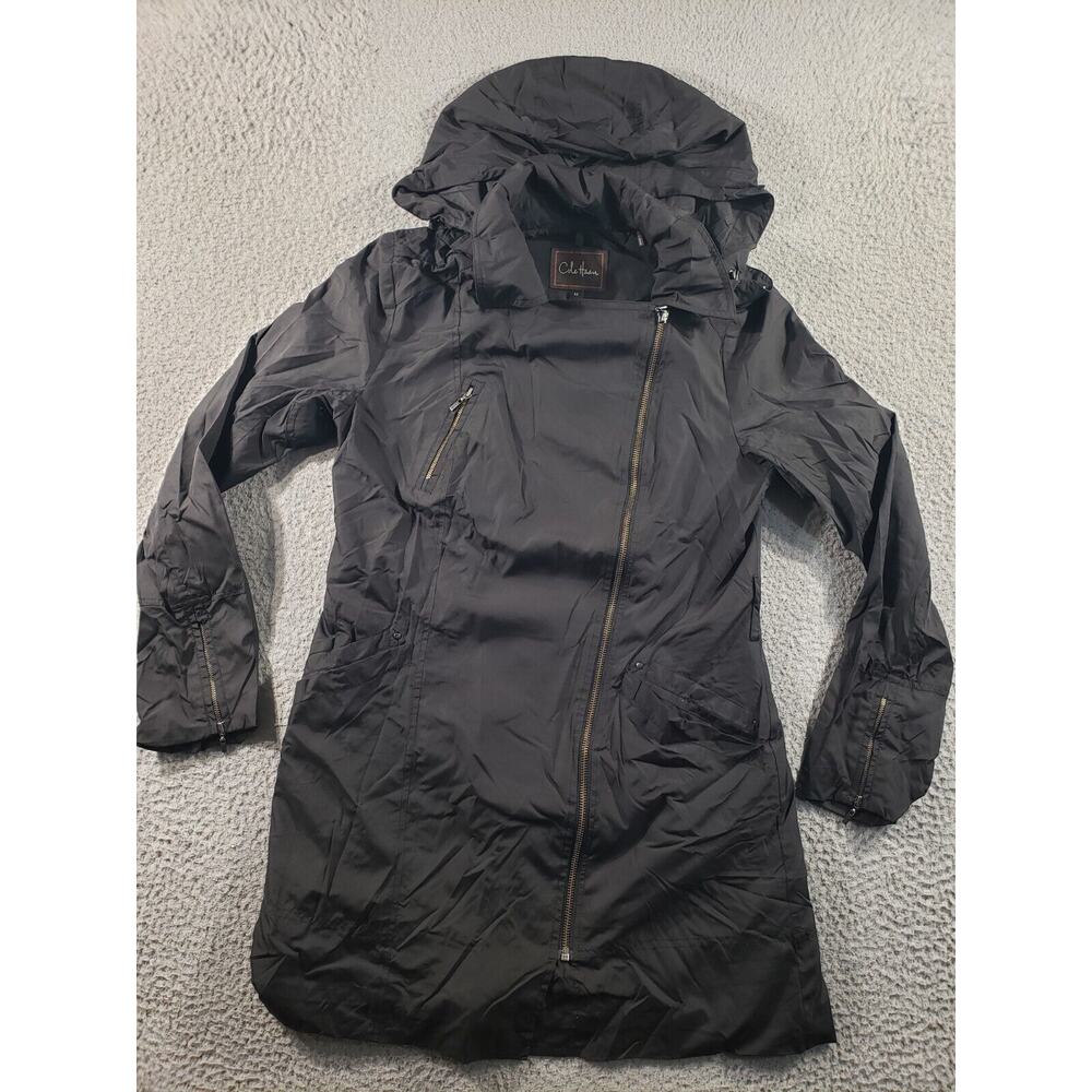 Cole Haan Jacket Womens Medium Black Asymmetrical Full Zip Hooded Stretch Casual